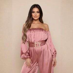 Fashion Nova ✦ Stay Fabulous Satin Jumpsuit ✦ Mauve Off‑Shoulder Belted Wide‑Leg